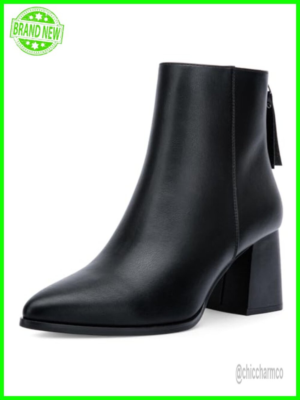 Pointed Toe Ankle Boots Chunky Block High Heel Faux Leather Back Zipper